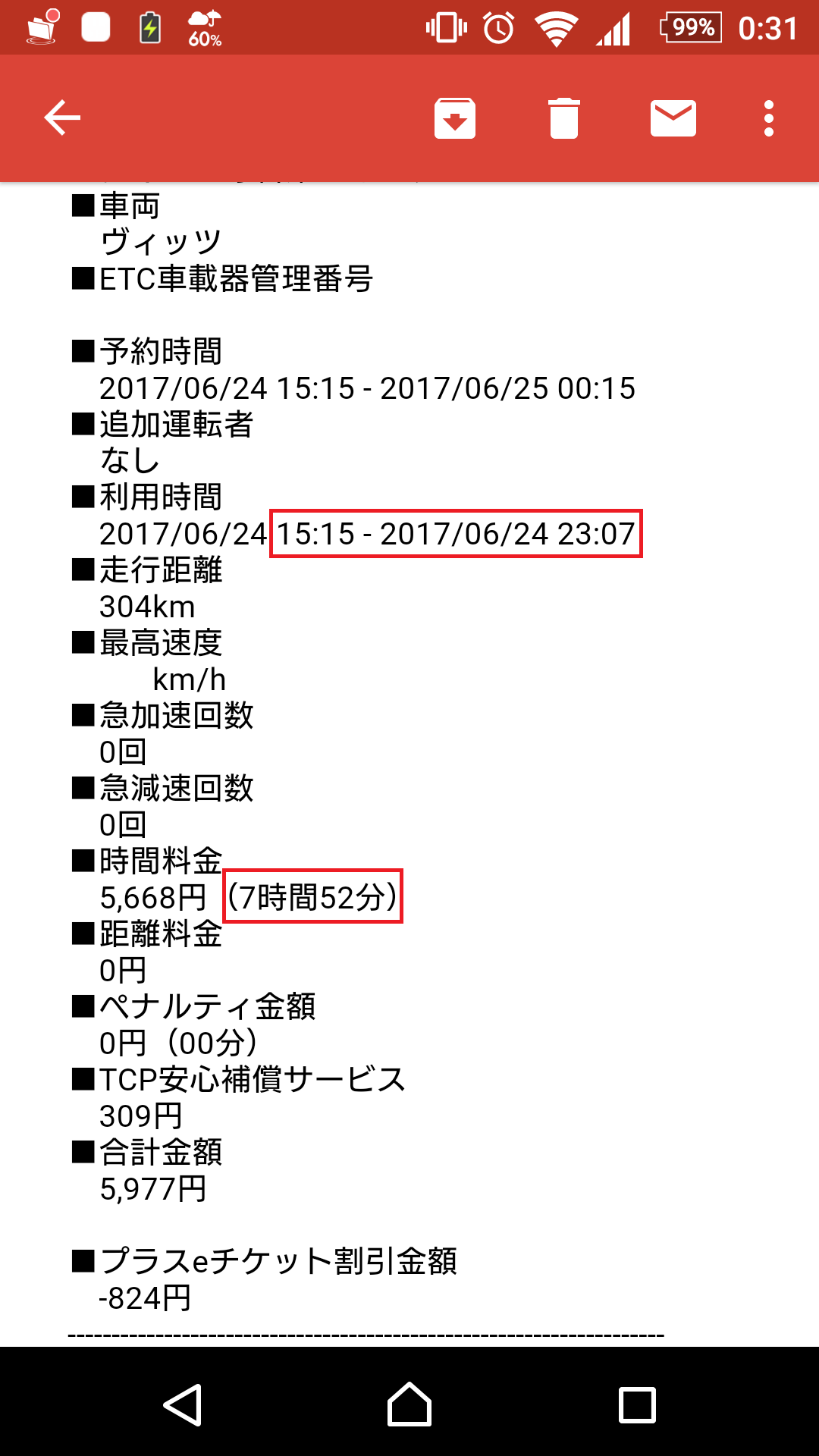 9時間予約して、7時間52分(8時間)使用した例。コミコミ5977円で8時間分の利用